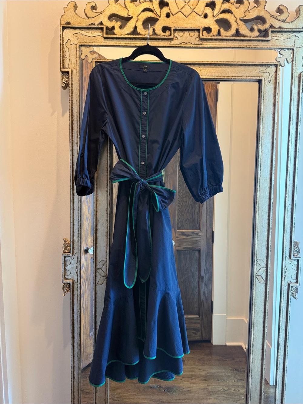 J.Crew Navy Dress with Green Trim Tie-Waist Midi Dress